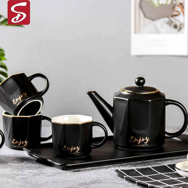 

SHARDON Custom Cheap Elegant Design Ceramic 1 Teapot 4 Coffee Cups Set Tea With Base, Practical Ceramic Milk Coffee Cup Set, White/black/pink/blue