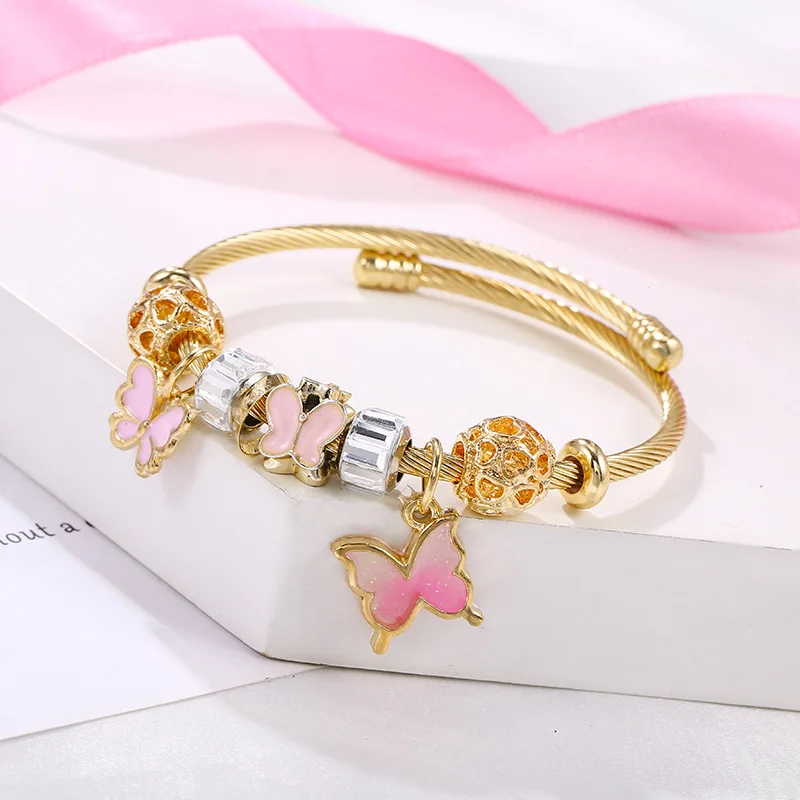 

Best Selling 18K Gold Plated Hollow Crystal Heart Charm Bracelets Adjustable Stainless Steel Enamel Butterfly Charm Bracelet
