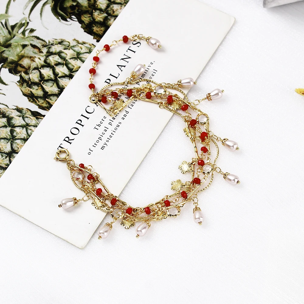 

2021 Best Selling Women Layered Bracelets Red Clear Beads Pearl Flower Pendants Bracelets Wholesale, As picture show