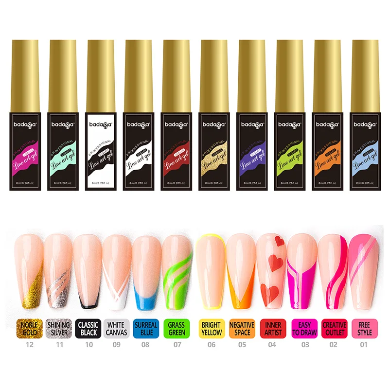 

Newest Whoesale Hot Sale gel line paint Nail Art Gel Polish Liner Brush Painting Gel 12 Colors Set