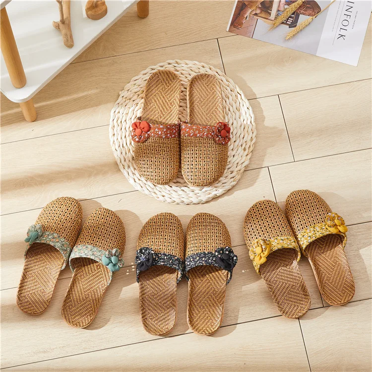 

Wholesale Summer Bamboo Woven Mats Women's Linen Home Wood Flooring Couples Home Mats Indoor Sandals Slippers For Women