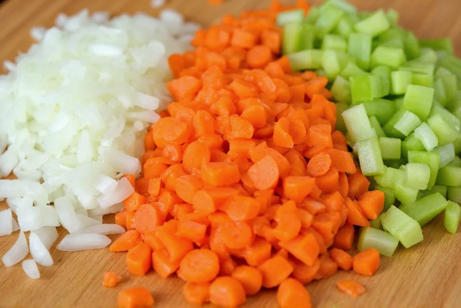 Close-up of traditional Italian sofritto ingredients: finely diced onions, carrots, and celery in equal portions on wooden cutting board