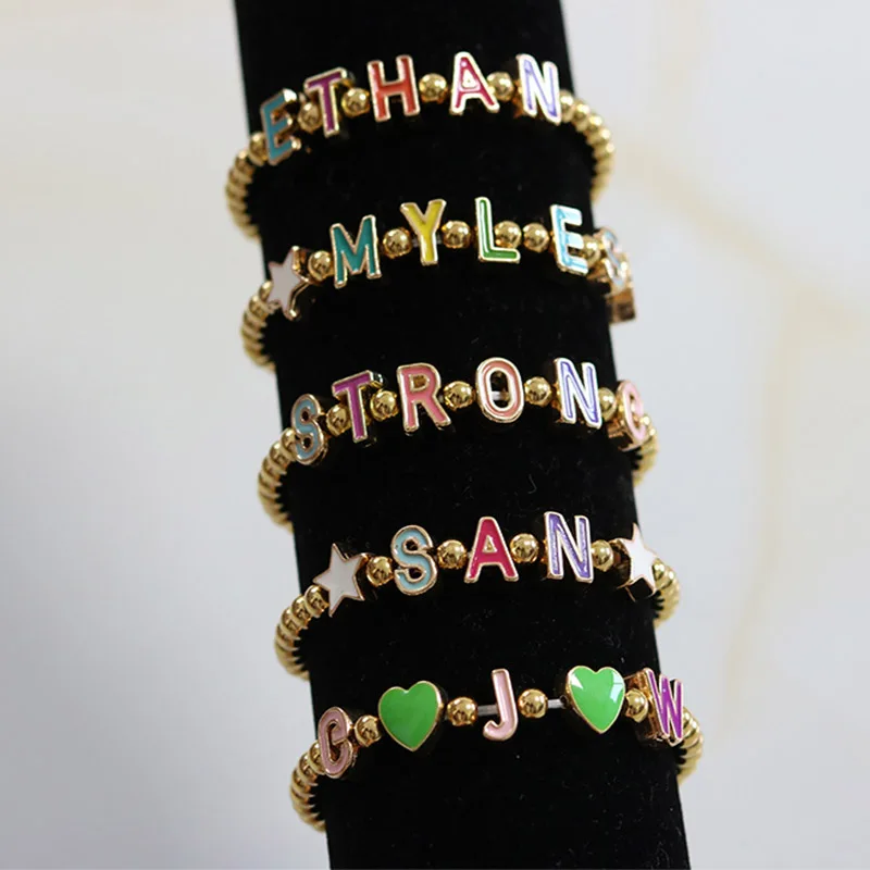 

New  14K Gold personalized kids charm anklets enamel bead initial letter stretch bracelet
