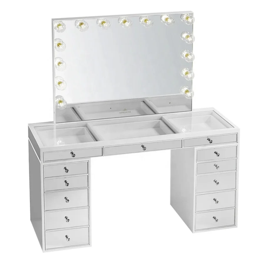 white dressing table with lights