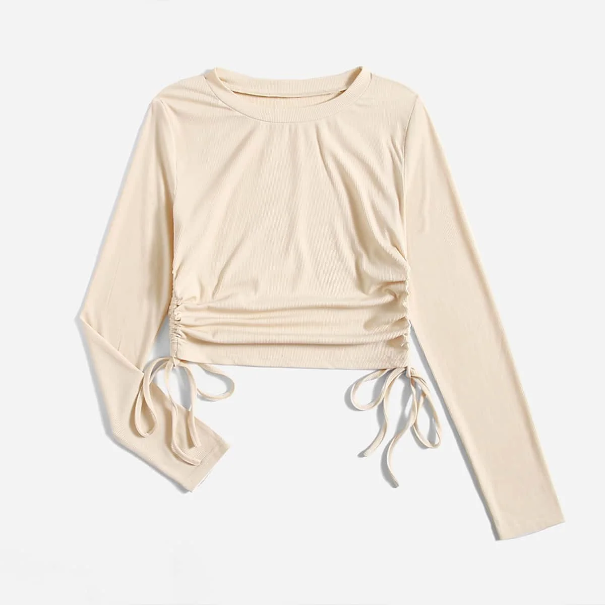 

Autumn new lady fashion round collar long sleeve drawstring t-shirt