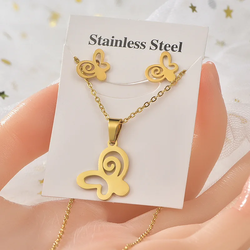 

9 Style Fashion Butterfly Elephant swan Dolphin turtle Pendant Stainless steel Necklace and earring set for women jewelry