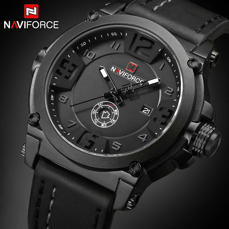 

NAVIFORCE 9099 Top Luxury Brand Men Sports Military Quartz Watch Leather Strap Wristwatch Man Analog Date Clock Relogio, 4 colors