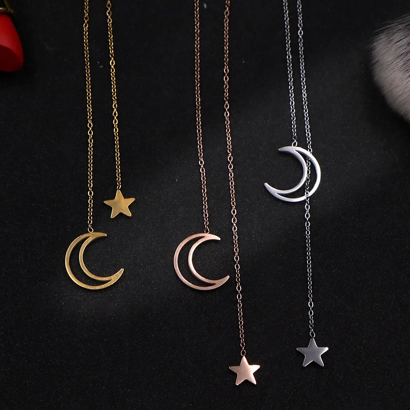 

High Quality Stainless Steel 18K Gold Plated Jewelry Crescent Stars Moon Clavicle Link Chain Double Pendant Necklace For Women, Gold/silver/rose gold