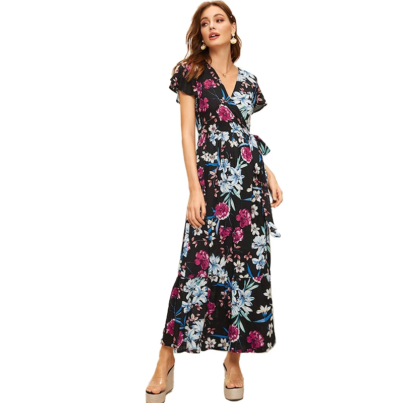 

OEM V-Neck Elastic Waist Belt Decorated Summer Fashion Casual Floral Dress Women floral print midi dress, Black