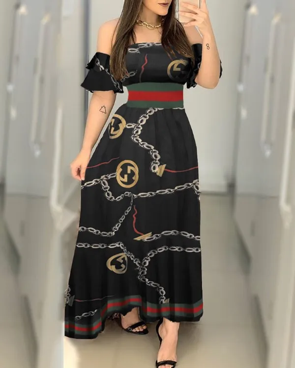 

Wholesale Off Shoulder Floral Printed Women Sexy Dress High Side Slit Skinny Bodycon Long Dress, As showed