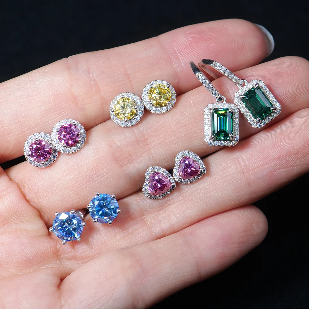 Wuzhou Xingyue Wholesale Jewelry Ladies Small Moissanite  Colors Green Flower Heart 925 Sterling Silver Studs Earrings