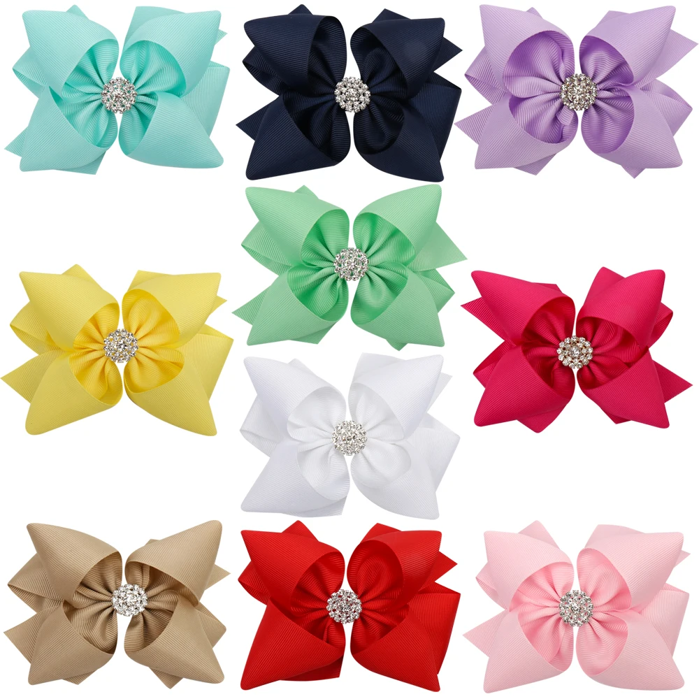 

5 Inch Solid Ribbon Stacked Hair Bows With Clips for Girls Kids Rhinestone Knotted Double Layers Hair Clips Hair Accessories