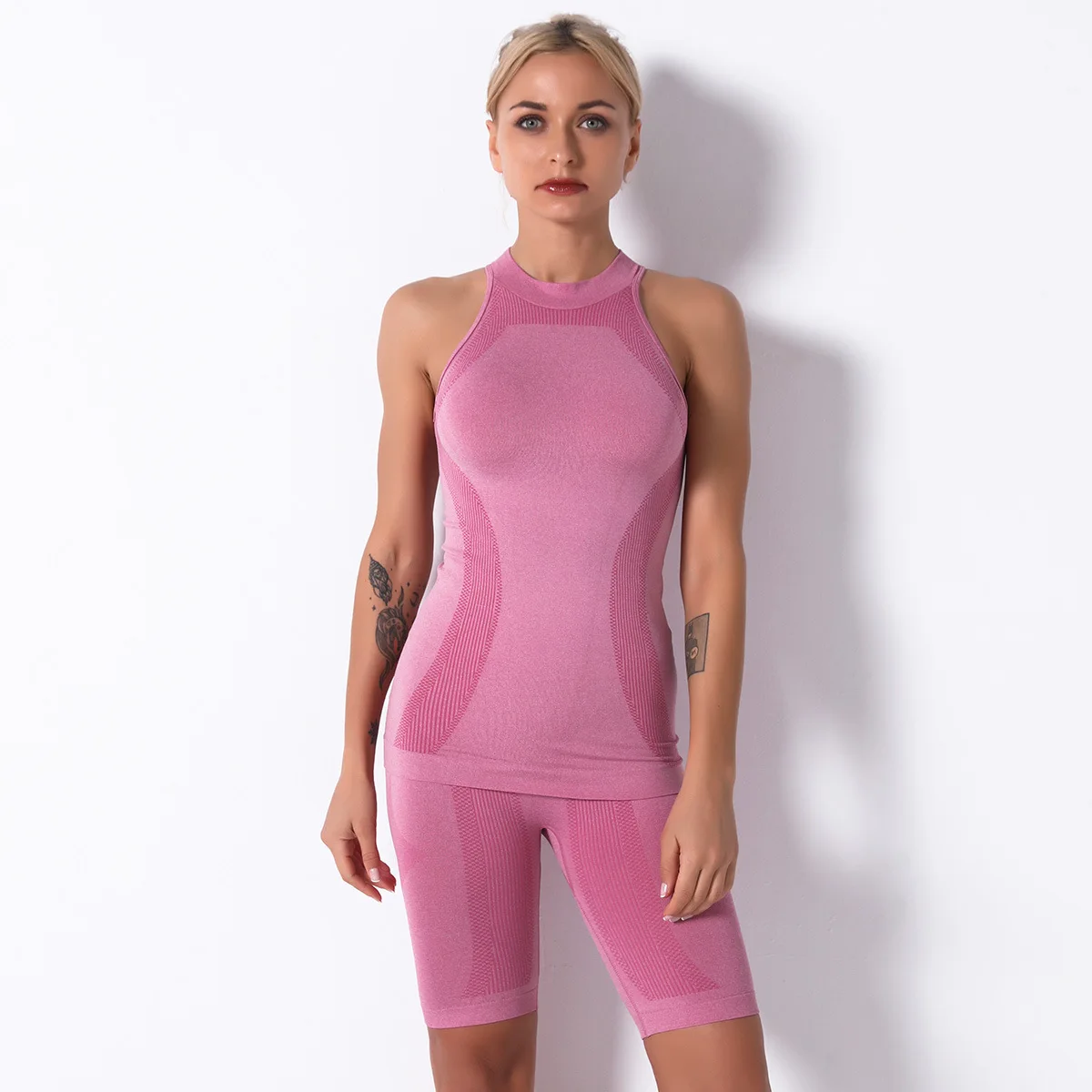 

Women Seamless yoga set Fitness Sports Suits GYM Cloth Yoga Sleeveless Shirts High Waist Running Leggings Workout Pants Shirts