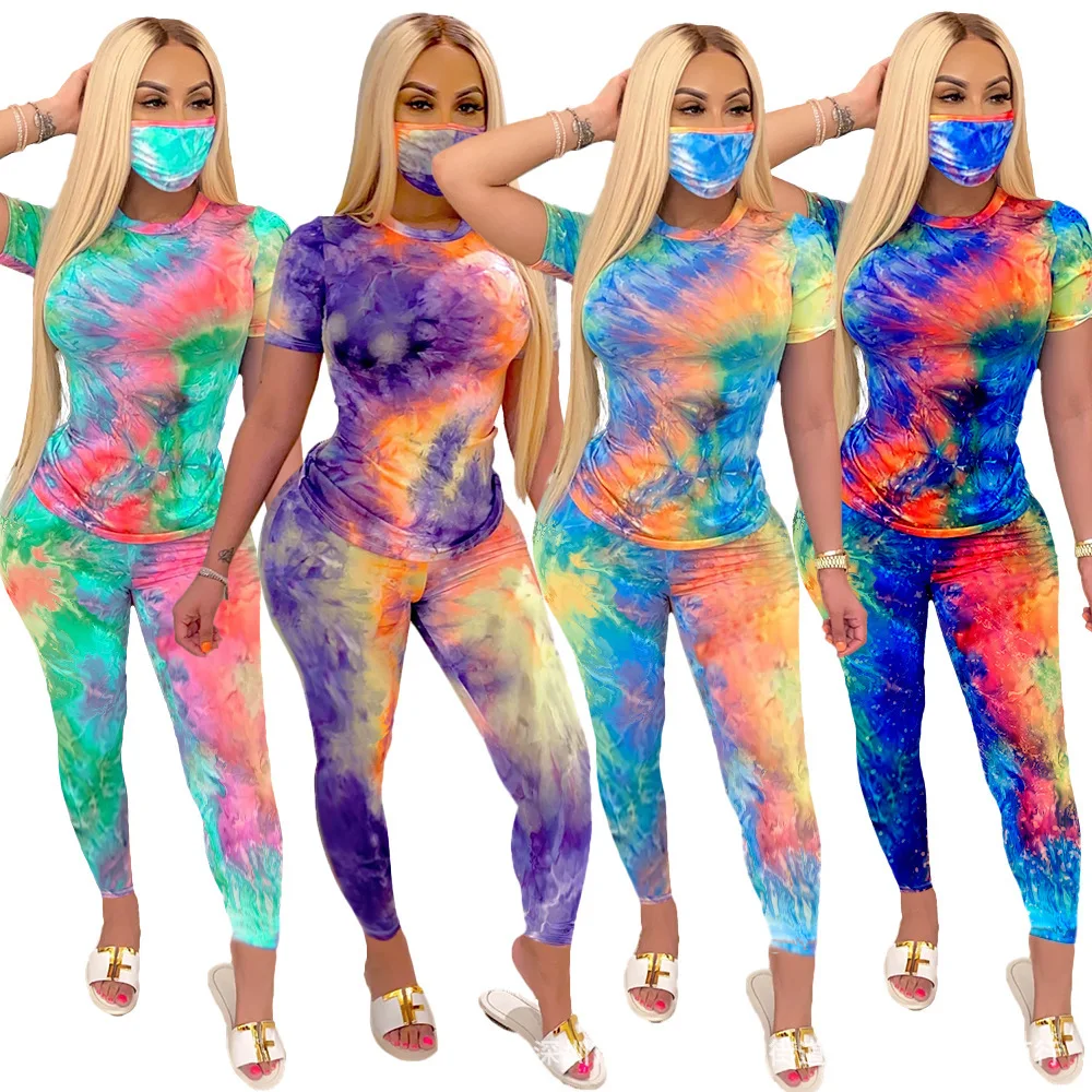 

High Quality Female Fashionable Tie Dye Sportswear Women Casual Short Sleeve Long Pant Two Piece Sets With MSK Ladies Tracksuits, As picture