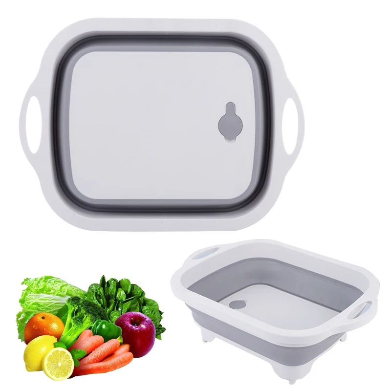 

Portable 2 In 1 No Slip Collapsible Plastic Cutting Board Multifunction Foldable Chopping Board With Storage, Gray,blue