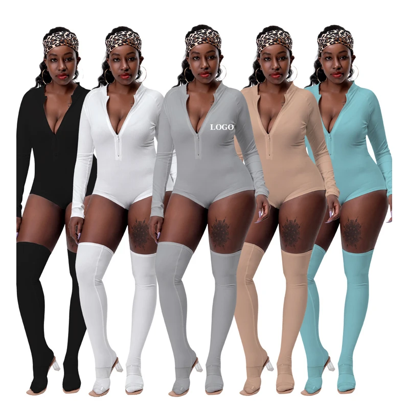 

Free shipping Autumn winter long sleeve new high collar ribbed pit strip conjoined two pieces with socks romper bodycon jumpsuit, Customized color