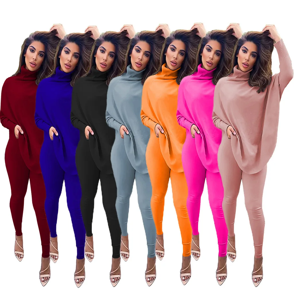 

2021 In Stock Fast Delivery Fashion Casual Solid Color Women Clothes Bat Sleeve Split Blouse Slim Trousers Two-Piece Suit