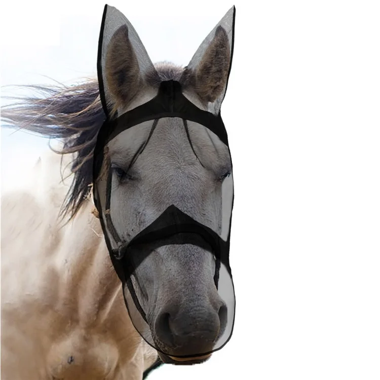 

Breathable Full Face Quiet Ride Mesh Horse Fly Mask with Ears and Long Nose Protection, Black