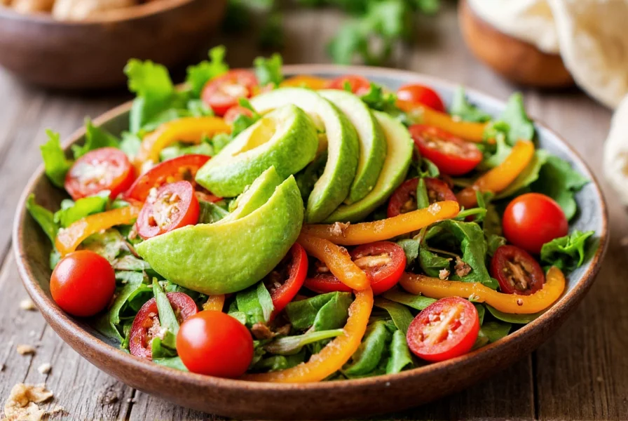 Colorful salad bowl with red bell pepper strips, mixed greens, cherry tomatoes, and avocado