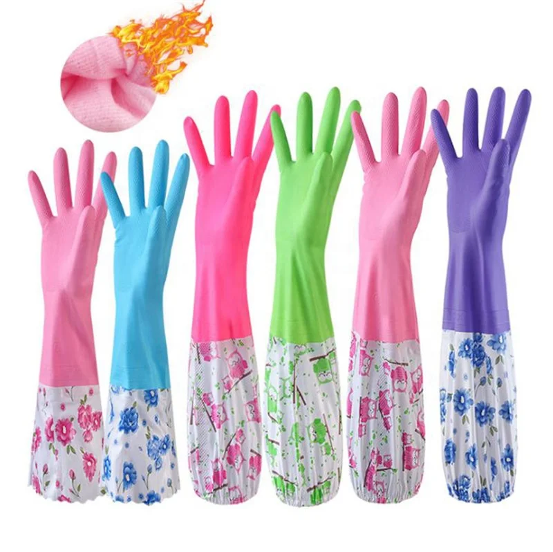 

Kitchen supplies waterproof durable PVC plus velvet dishwashing gloves housework cleaning warm gloves, Mixing,color can choose