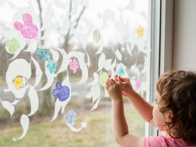 Child placing reusable Easter window clings made from recycled transparency sheets