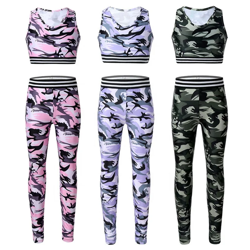 

6-14 Kids Girls Tracksuit Outfit Sleeveless Camouflage Printed Racer Back Stretchy Tanks Bra Tops Crop Top with Leggings Pants f, Black/pink