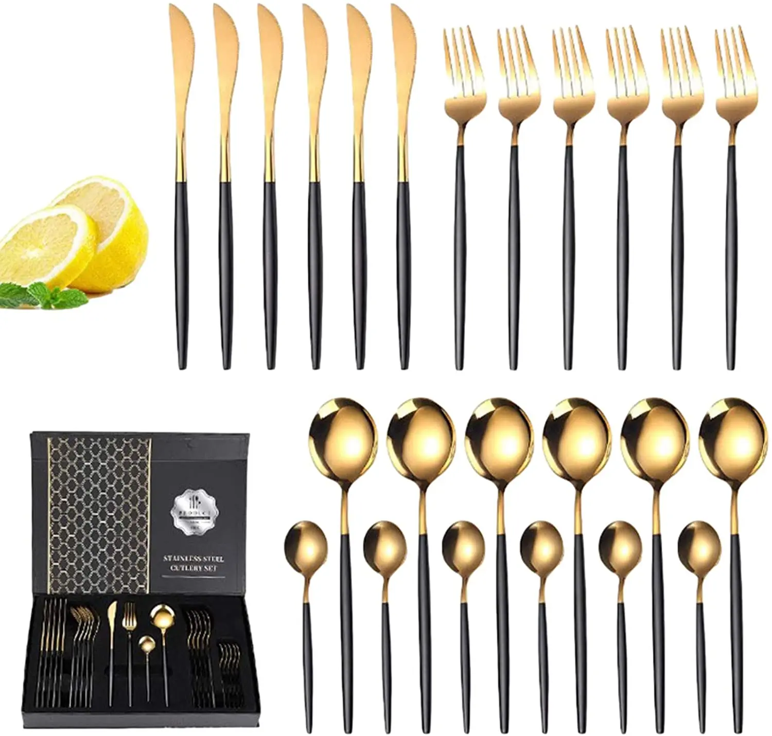 

24pcs Silverware Portugal Black Gold Plated Stainless Steel Flatware Cutlery Set for Wedding, Silver/gold/rosegold/rainbow/black