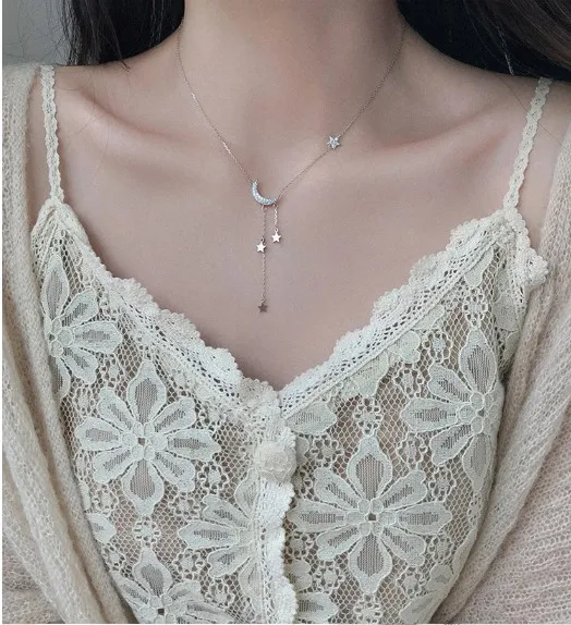 

XUNBEI 925 Sterling silver bling Clavicle chain Star Moon Zircon Necklaces Women