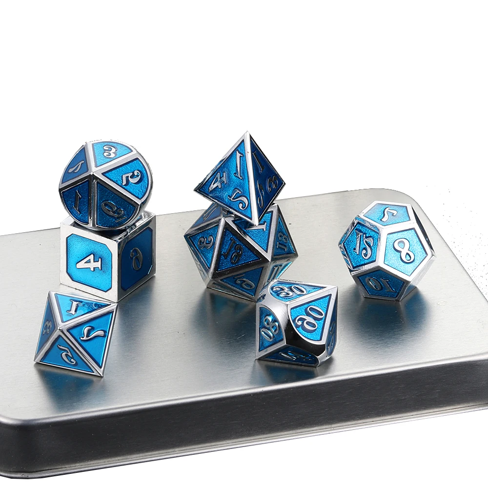 

Factory Supply Attractive Blue will Glow Wholesale Toy Polydral Custom Logo Price Metal Dice Set