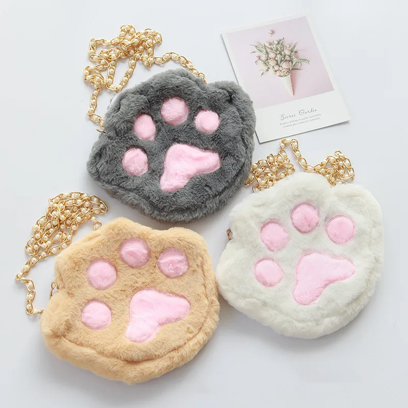 

Soft Girls Cute Cat Claw Paw Messenger Shoulder Plush Mini Chain Bag Wallet Purse, As the picture display