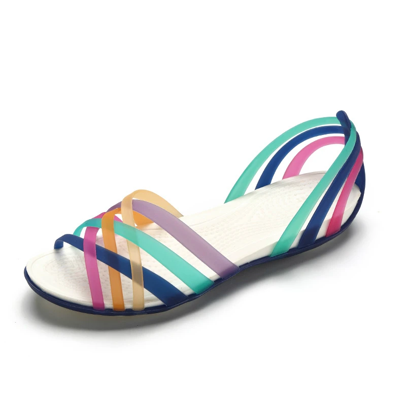 

Hot Sale Colorful Woven Flat Beach Sandals Fashion Rainbow Jelly Sandals, Picture