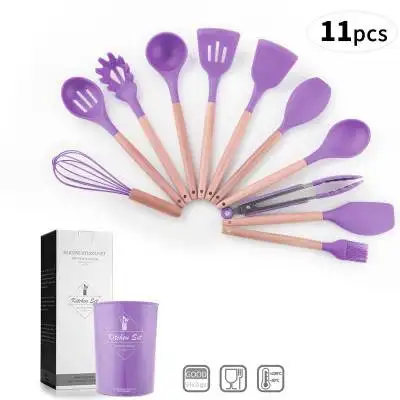 

Wholesale 11 Pieces Food Grade Home Appliance Silicone Oak Wooden Handle Kitchen Utensil Set, Customized color