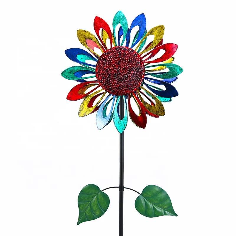 

Colorful Sunflower Wind spinner with Leaves Garden Ornament Metal Yard Stake Flower Windmill, Copper