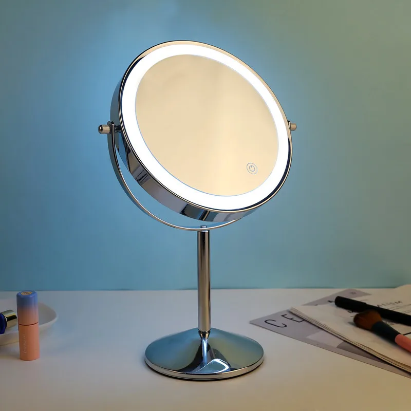 

New Style 5X Custom Logo Round Table Desktop Led Light Makeup Cosmetic Mirror Makeup Mirror With Light, Silver color