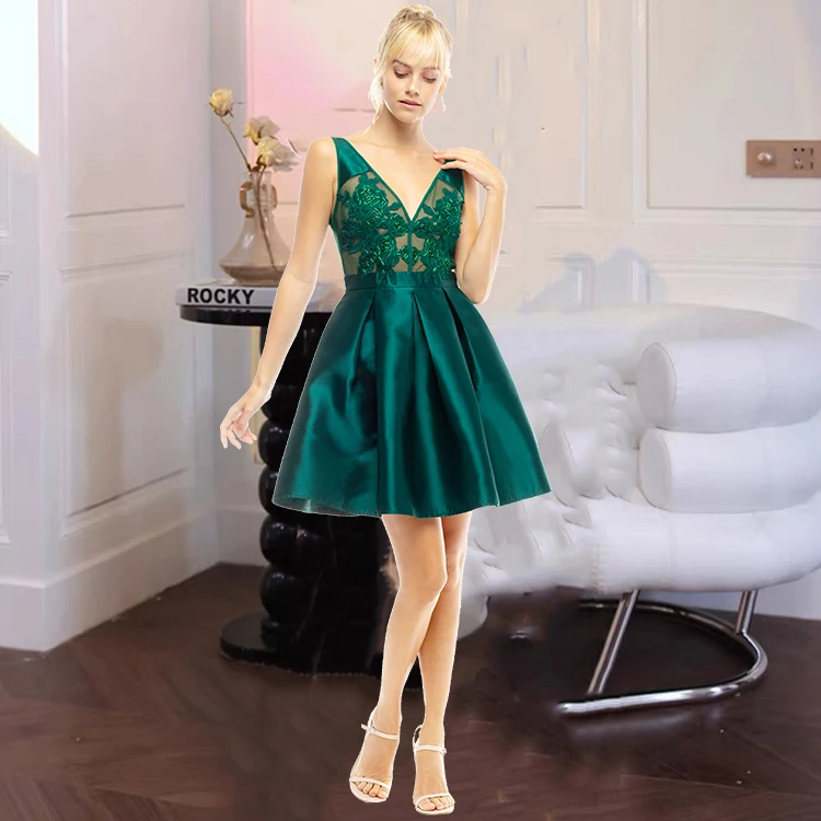 

Fast delivery Custom pleated v-neck translucent applique satin plain green formal short girls party evening dresses red color