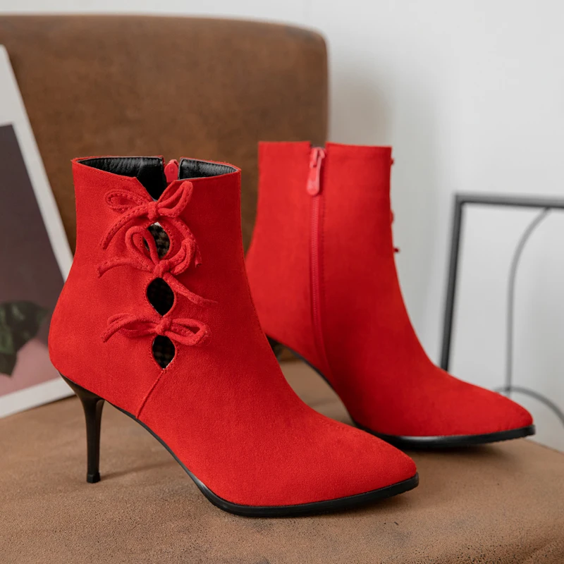 

New Design Winter Pointed Head Suede Leather Side Zipper High-heeled Boots Stilettos Black Red