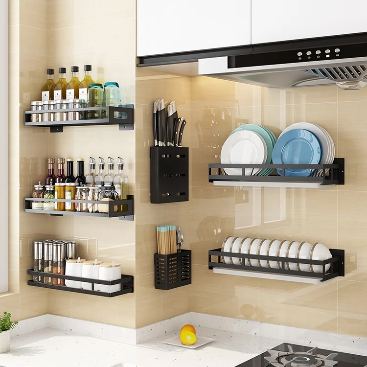 

Kitchen Wall Rack Multifunctional Spice Shelf Towel Holder Stainless Steel Wall Organizer