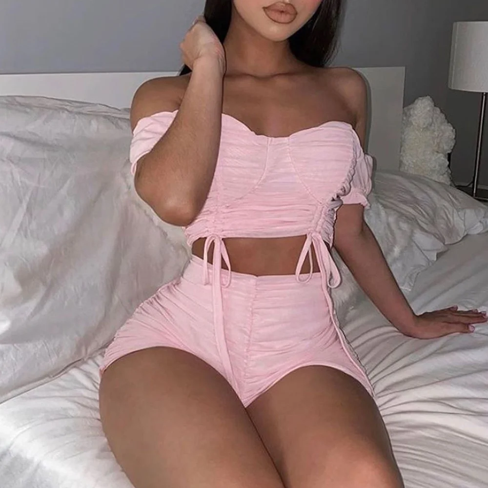

DM summer fashion pink card-shoulder gauze crop top high waist hot pants 2 piece sexy shorts suit women two piece jersey sets