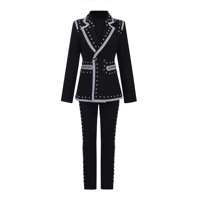 new arrival fashionable beading slim fitting blazer and rivet beading bodycon pencil pant two pieces business woman blazer suit