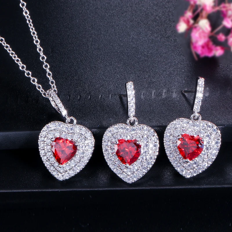 Fashion Women Jewellery Gift Red Cubic Zirconia Stone Love Heart Shape Pendant Necklace and Huggie Earrings Ladies Jewelry Set