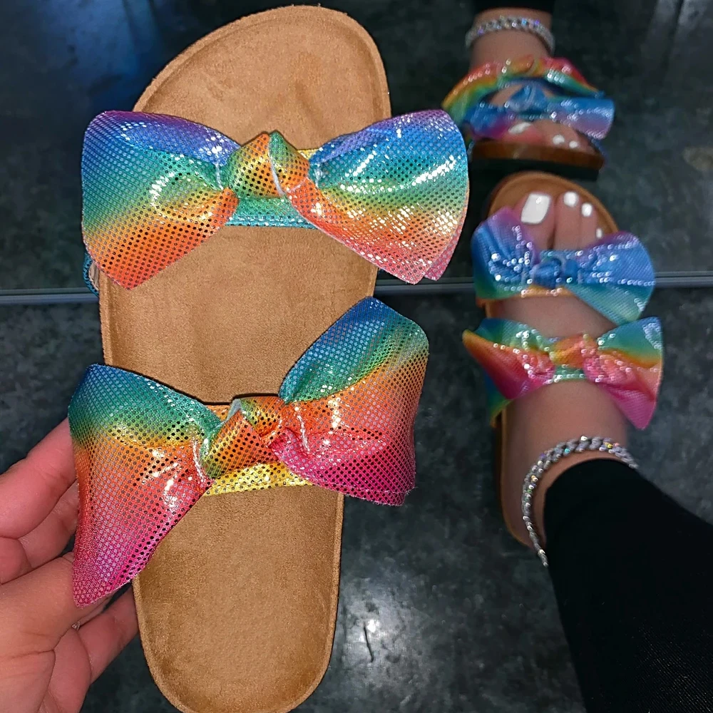 

New Design Slippers for Women Rainbow Fashion Cork Shoes Ladies Bow Sandals Slipper Outdoor Female Flat Sandals Slide Wholesale