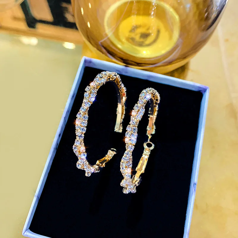 

Fashion Jewelry Glitter Rhinestone 925 Sterling Silver Needle Hoop Earrings Double Layer Twisted Crystal Circle Earrings