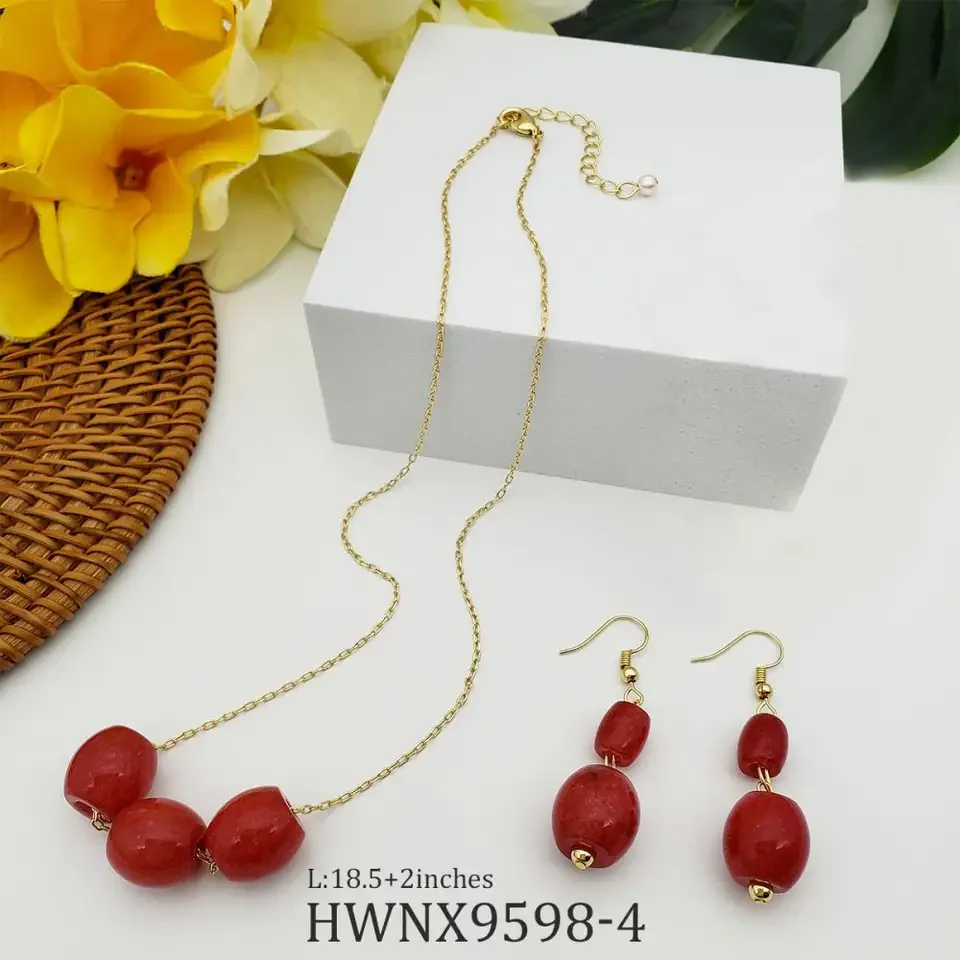 

Trendy hawaiian style jewelry jade earrings necklace set gold plated chain dangle jade earrings set for women