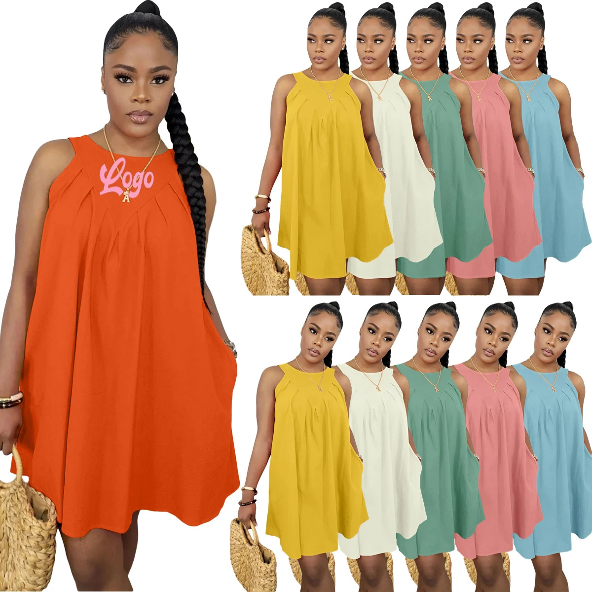 Sleeveless Cotton Midi Dress Pockets