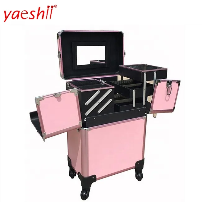 

Yaeshii aluminum professional rolling beauty trolley empty beauty box vanity makeup compact artist train case on wheels, Pink/balck