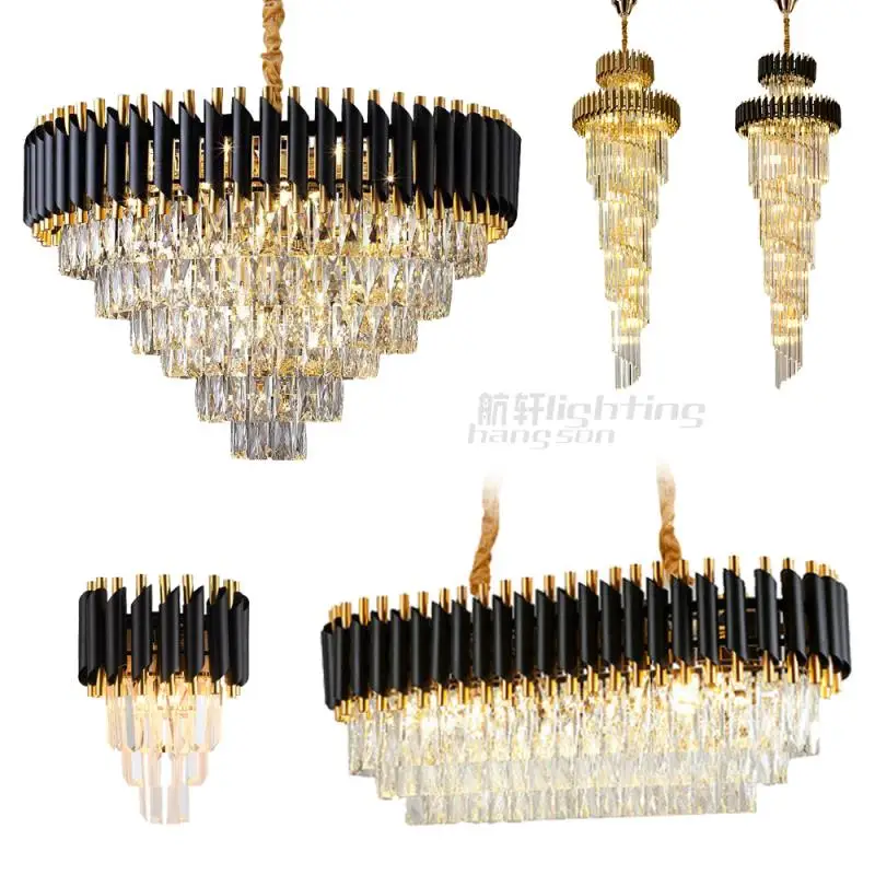 high ceiling hanging lamps fixture round rectangle long staircase k9 crystal black luxury lighting raindrop chandelier