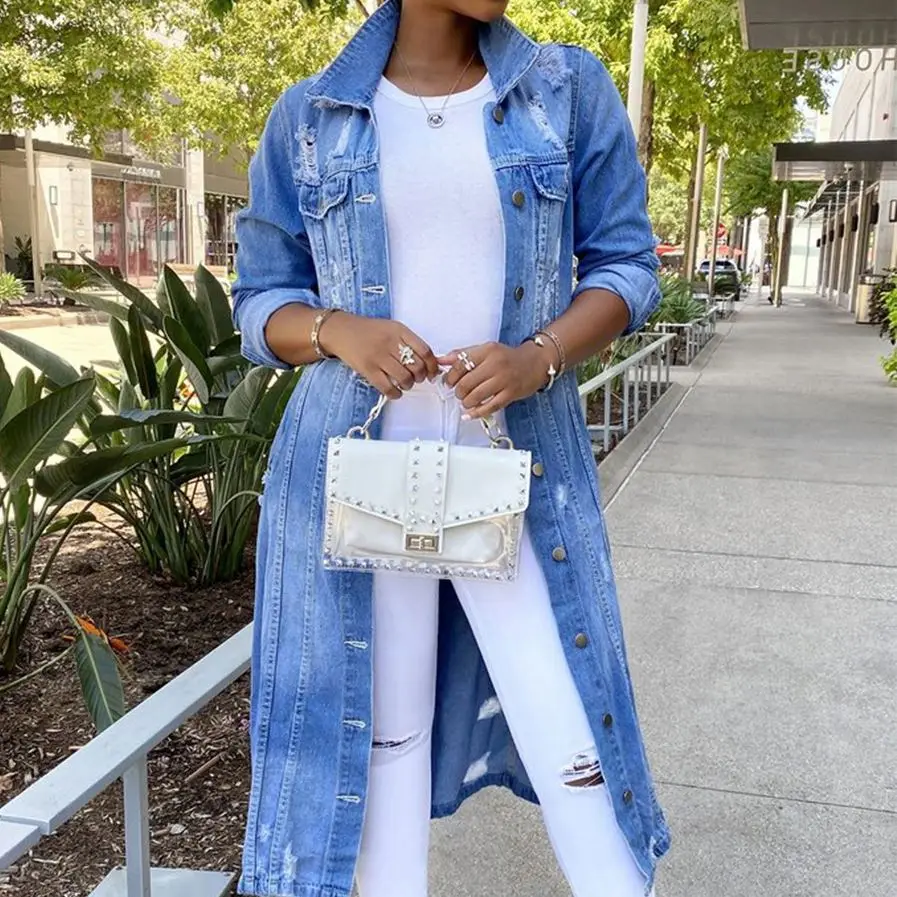 

Womens Jean Jacket 2021 Blue Jean Denim Jackets For Ladies Plus Size Button Ripped Women Long Jean Jacket Coat
