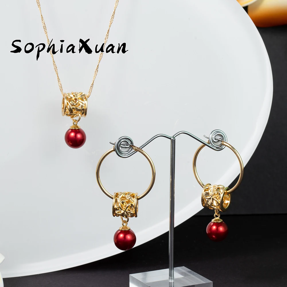 

SophiaXuan Junjian Fashion Red And Yellow Pearl Set Customized Polynesian Jewelry Necklace Earrings Hawaiian Pearl sets, Picture shows