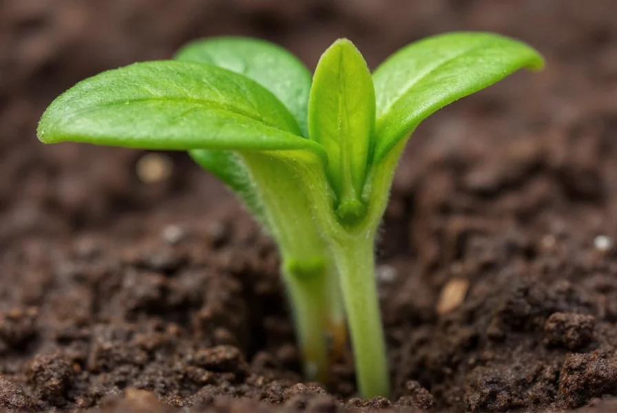 Close-up of pepper seedling showing cotyledons and first true leaves emerging from soil