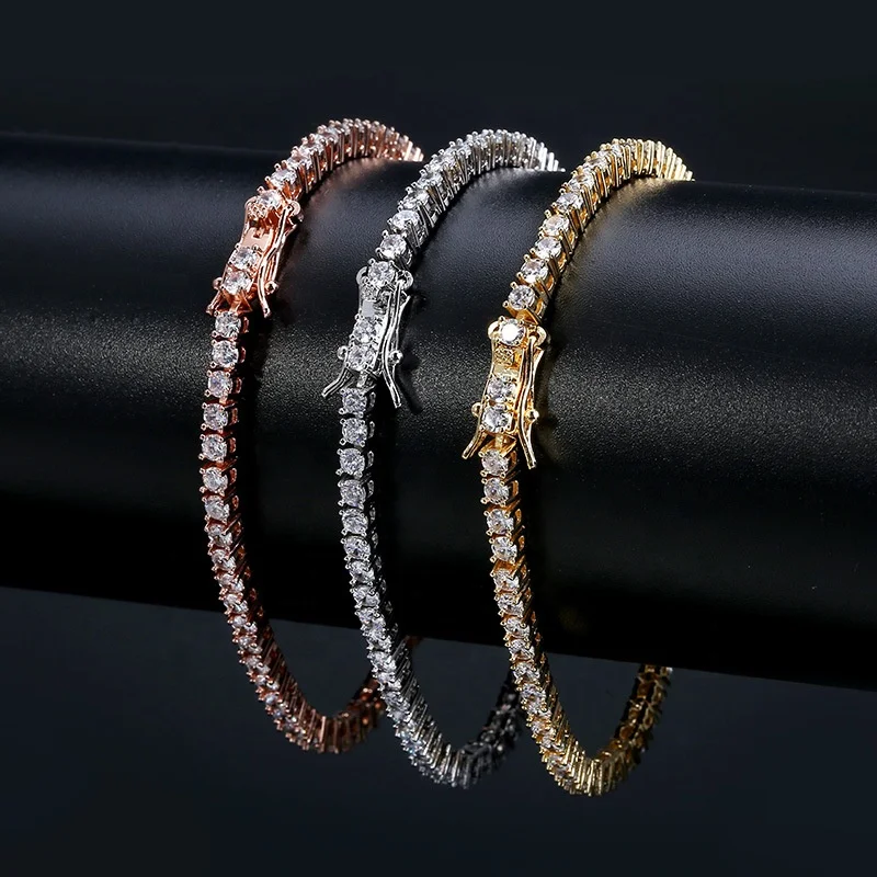 

3mm 8inch Trendy Luxury Iced Out AAA+ Cubic Zirconia Men Bangles For Hip-Hop Charm Tennis Rose Gold Bracelets Silver Jewelry New, Gold/silver/rose